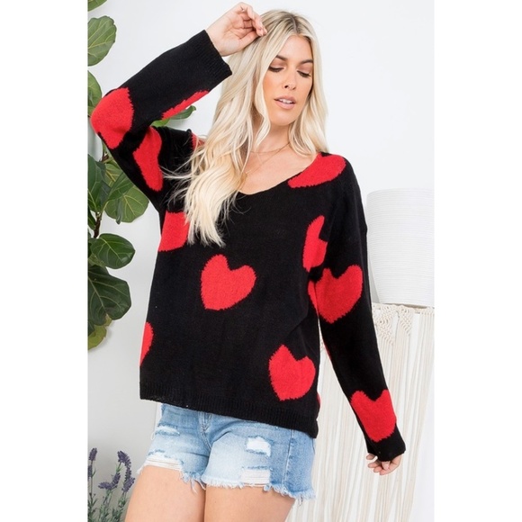 Black Red Multi Heart Knit V-Neck Valentines Day Long Sleeve Relaxed Sweater - Picture 8 of 10